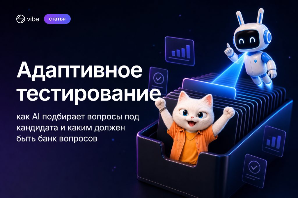 Маскоты Vibe — кот-аналитик в картотеке вопросов и AI-ассистент, выбирающий следующий вопрос лучом