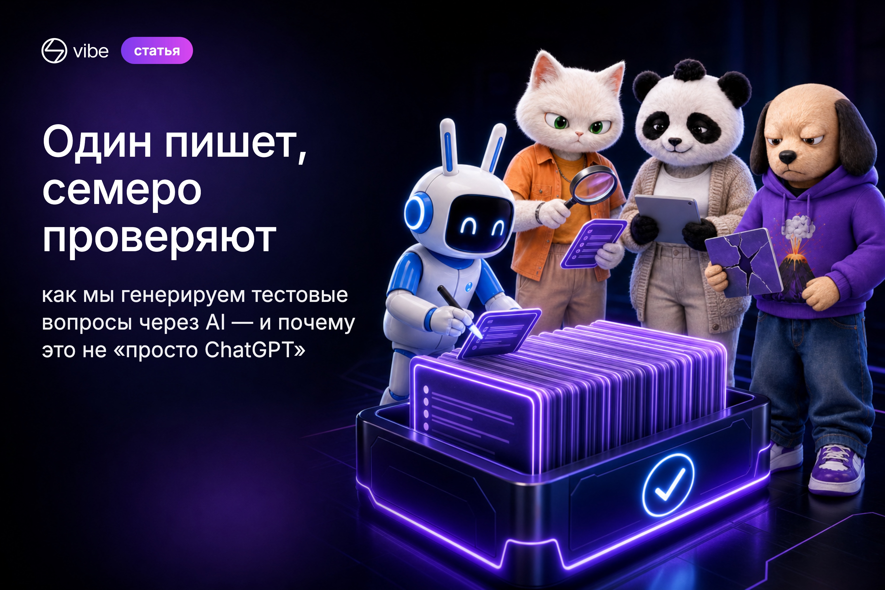 Маскоты Codenrock Vibe проверяют карточки тестовых вопросов: робот пишет карточку, кот с лупой, панда с планшетом и пёс с бракованной карточкой