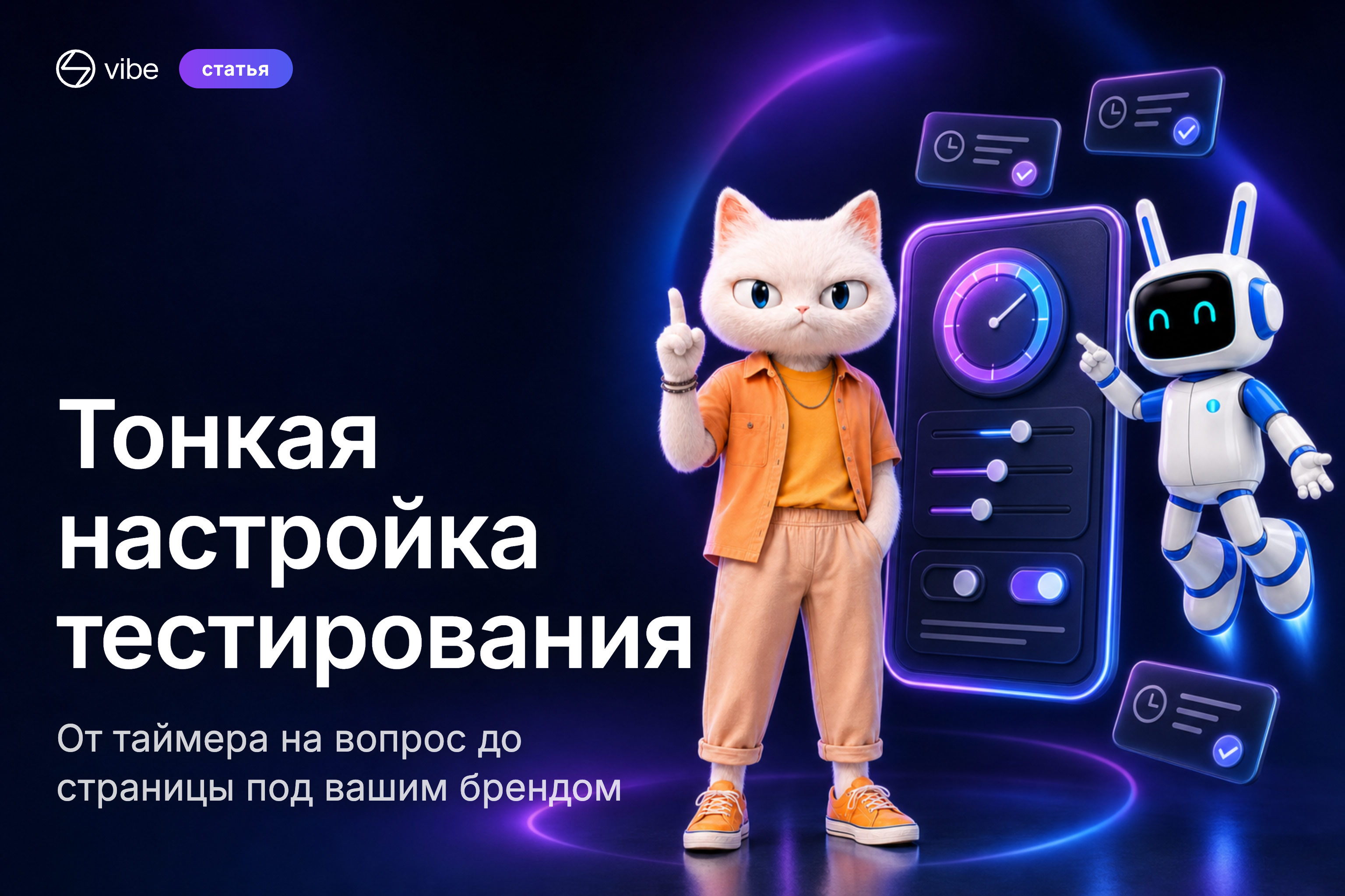 Обложка: маскоты Codenrock Vibe у панели настроек теста с таймером и переключателями