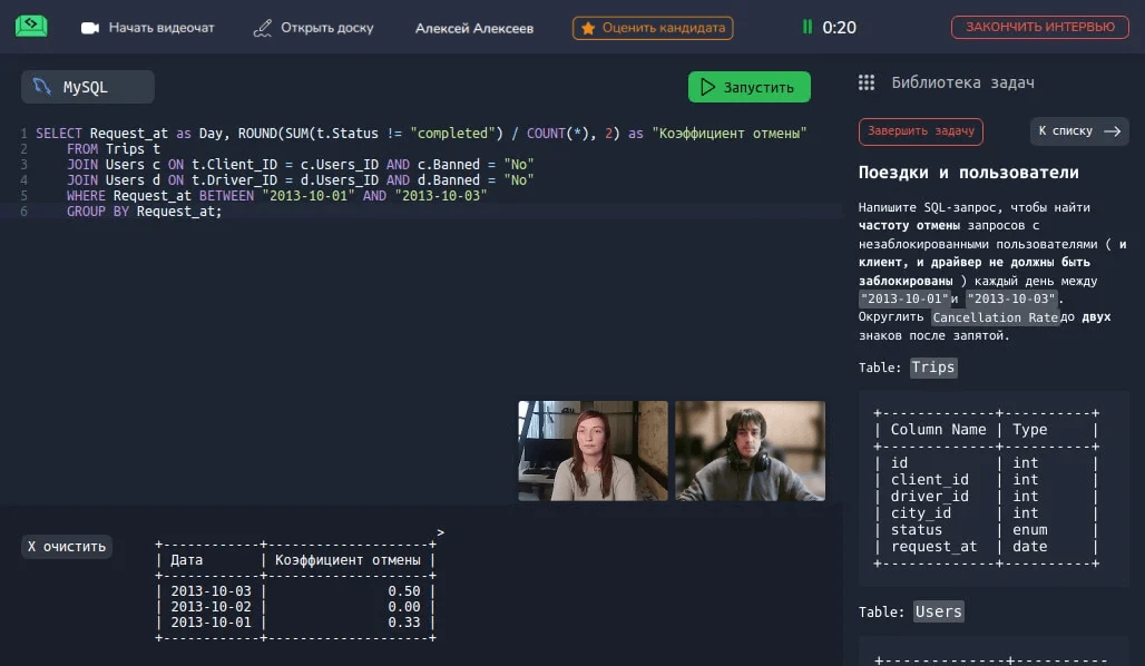 Интерфейс Meet2Code: SQL-задание, редактор кода и результат выполнения.