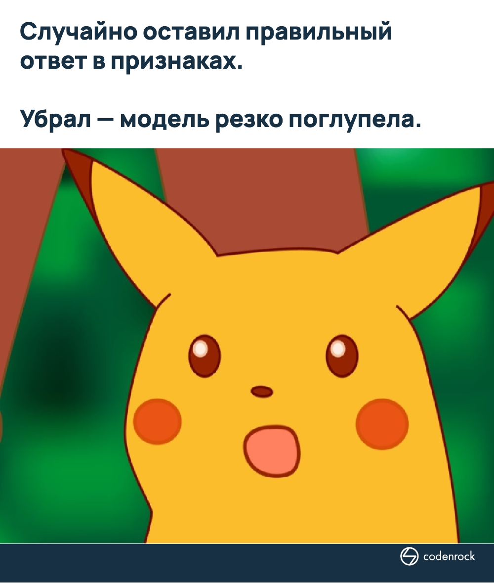 Случайно оставил правильный ответ в признаках. Убрал — модель резко поглупела.