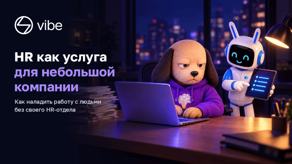 Обложка статьи «HR как услуга для небольшой компании»: директор за ноутбуком вечером в офисе, робот-помощник показывает короткий список