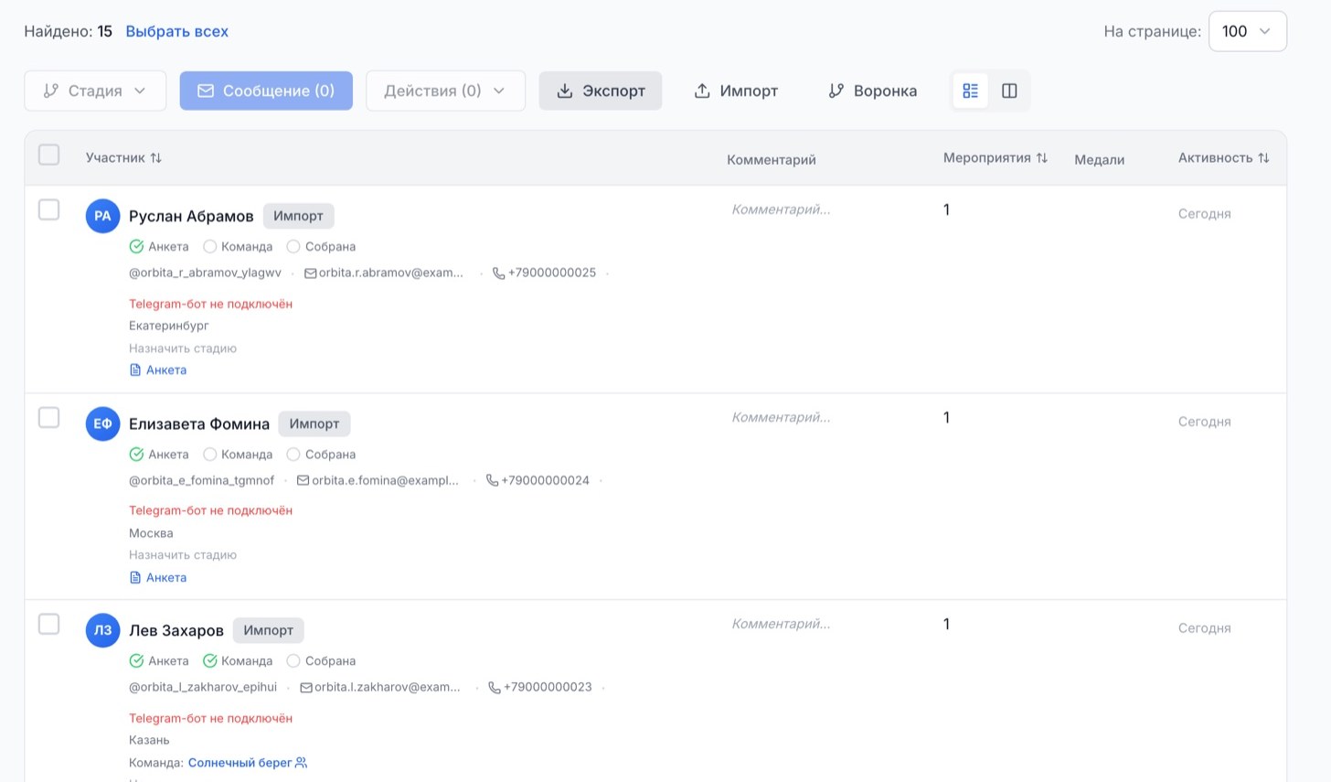 Импортированные участники с меткой «Импорт»